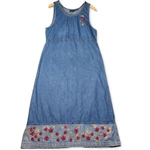 Vintage Erika Denim Dress Womens Large Jumper Blue Floral Modesty 90s Prairie
